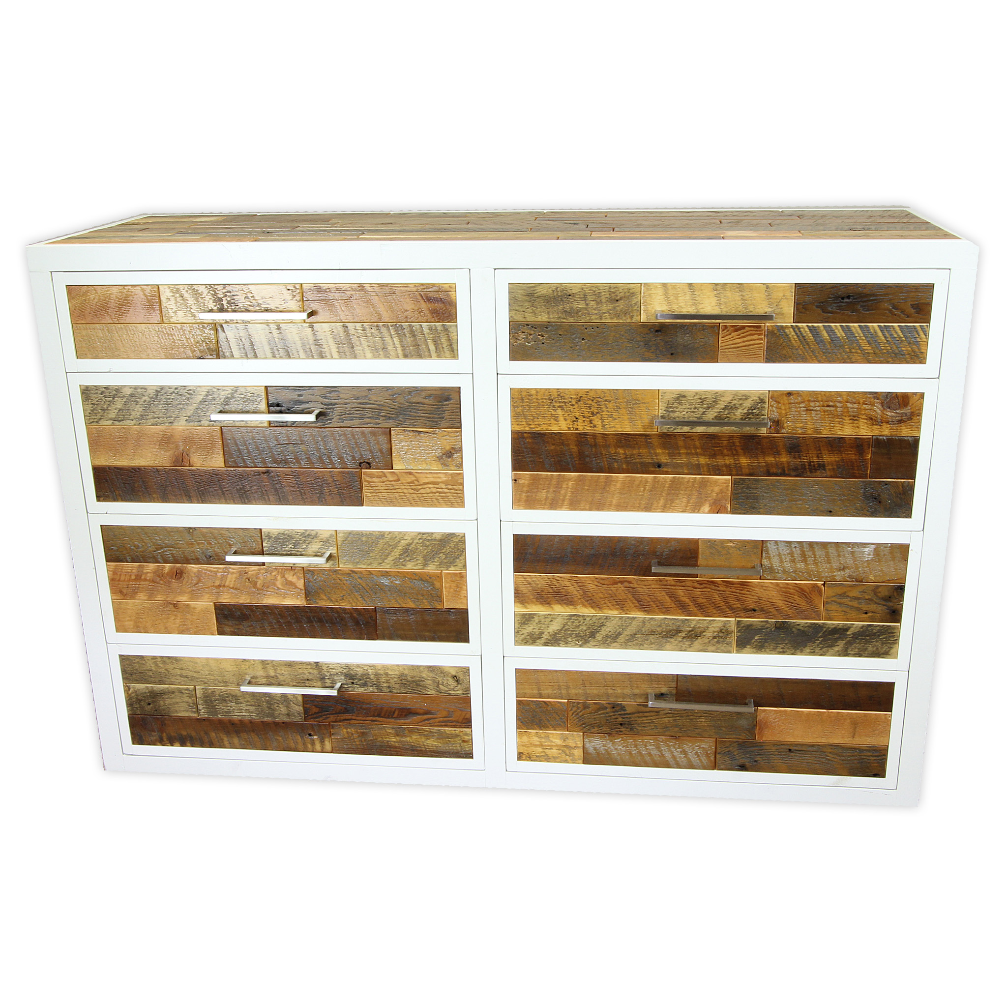Modern White Dresser With Reclaimed Wood Inset Four Corner